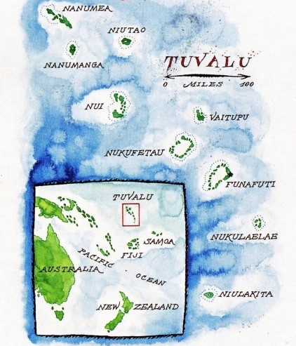 Figure 4. Map of Tuvalu showing its many atoll islands, source: http://www.nanumea.net/Photos%20page/Tuvalu%20Map%20with%20arrow%20and%20ack%20-%20from%20Smithsonian%20(a).jpg