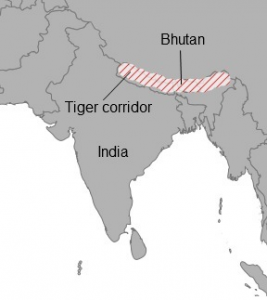 Figure 2: A map visualising the Tiger corridor implemented between North Eastern India and Bhutan.