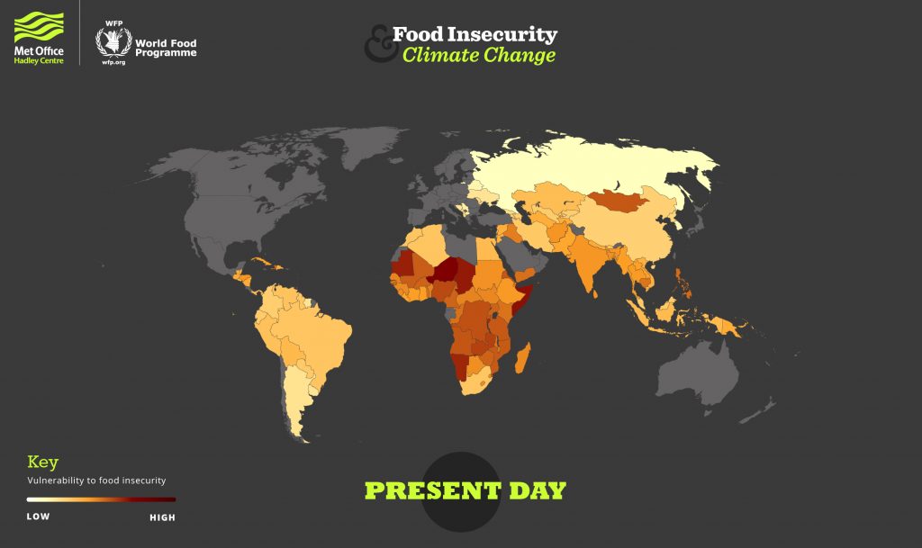 Present day representation of global vulnerability to food insecurity8. Explore scenarios of Greenhouse gas emissions and adaptation to climate change impacts on food security by clicking on the link: http://www.metoffice.gov.uk/food-insecurity-index/
