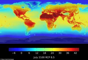 Plate 2. The world map showing projected daily temperatures in July by 2100, under predicted carbon dioxide levels of 935ppm (Gray, 2015). 