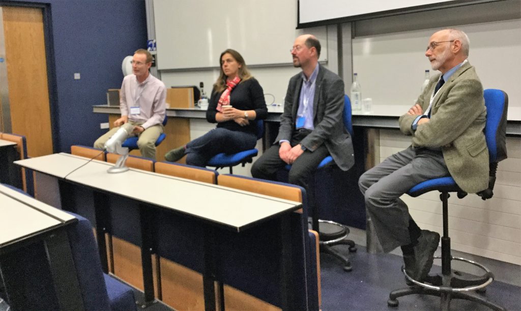 Right to left: Prof. T. Baer, Prof. M. Dawson and Prof. C. Boudoux in conversation with moderator Prof. D. Reid during the panel discussion on innovation and entrepreneurship experiences. 