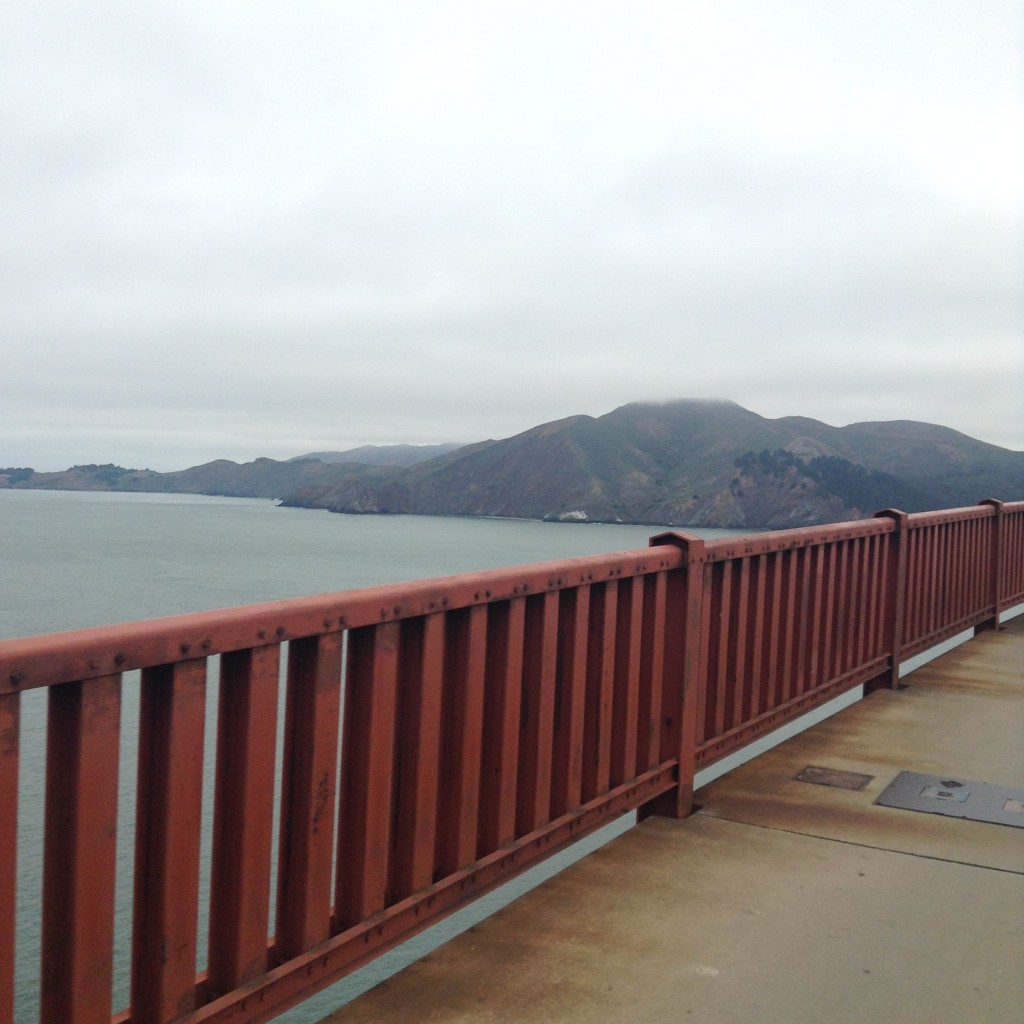 Riding across the Golden Gate Bridge.